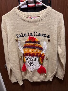 Colorful Llama Ugly Christmas Sweater – Cream Knit – Size M – Holiday